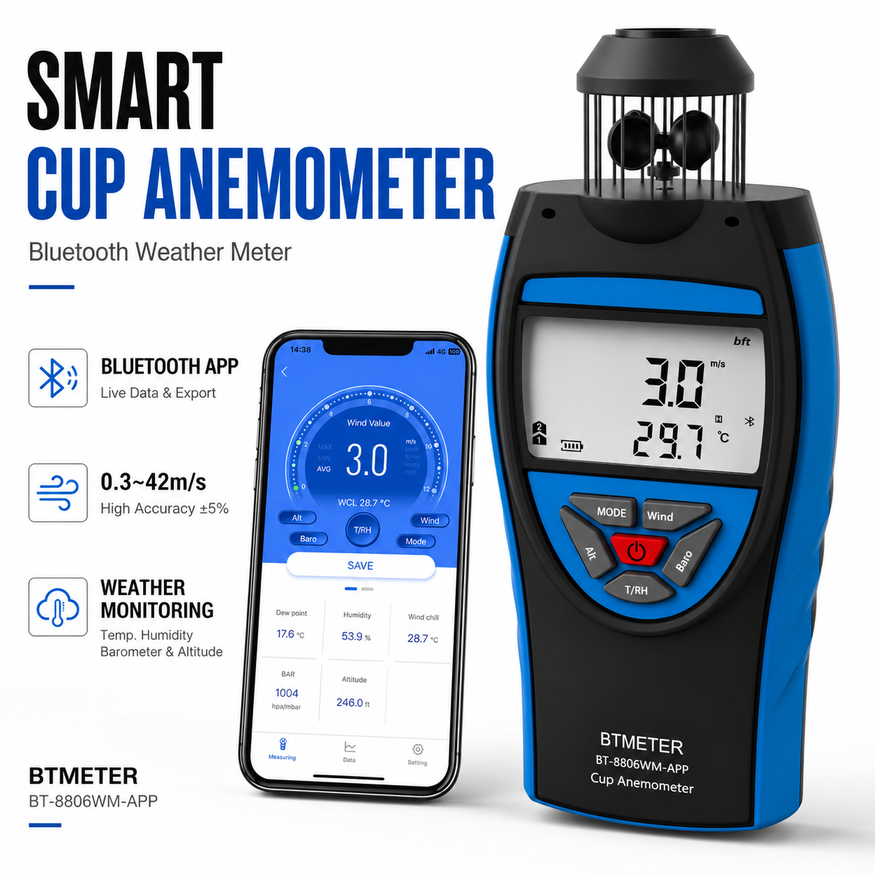 Anemometer Wind Speed - BTMETER Digital Cup Anemometer with APP,
