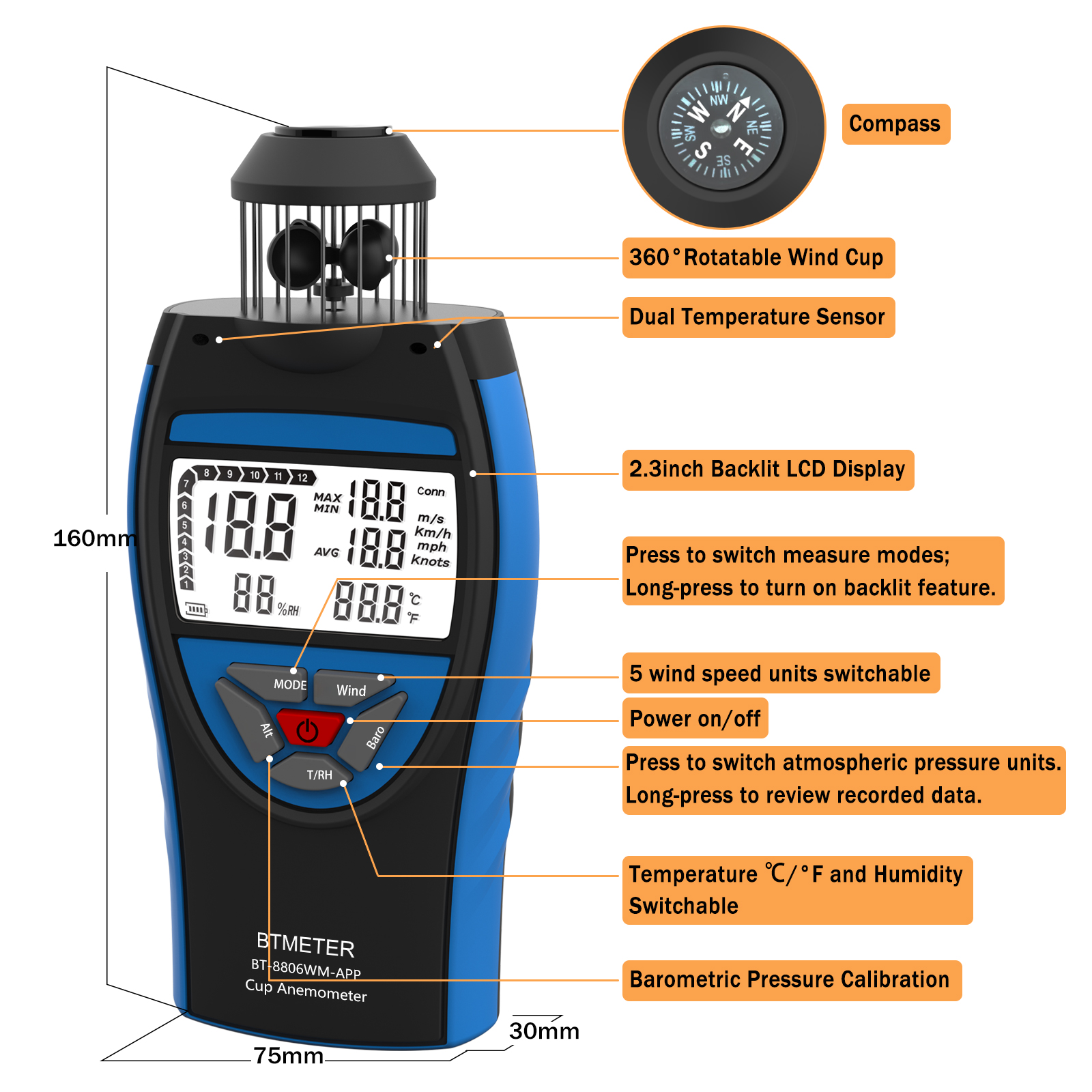 BTMETER Digital Cup Anemometer - Anemometer Wind Speed のレビューと価格